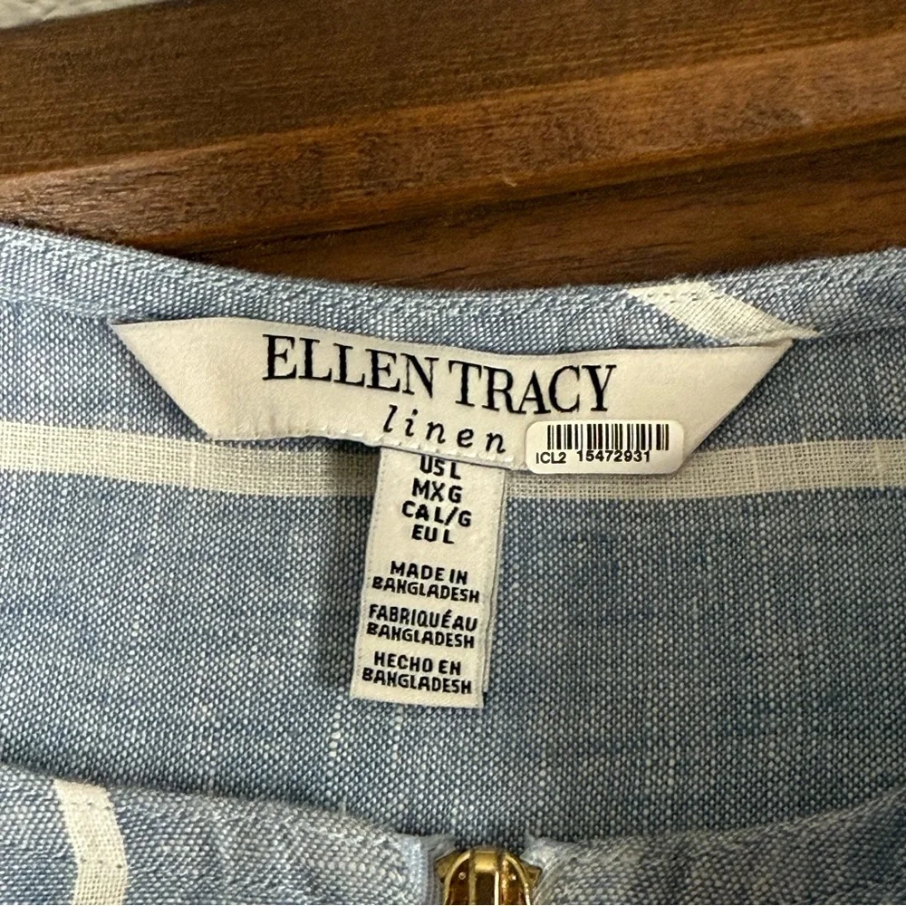 Ellen Tracy Linen Striped Tunic Top L Blue White Zip Front 3/4 Sleeve Summer - Picture 7 of 10